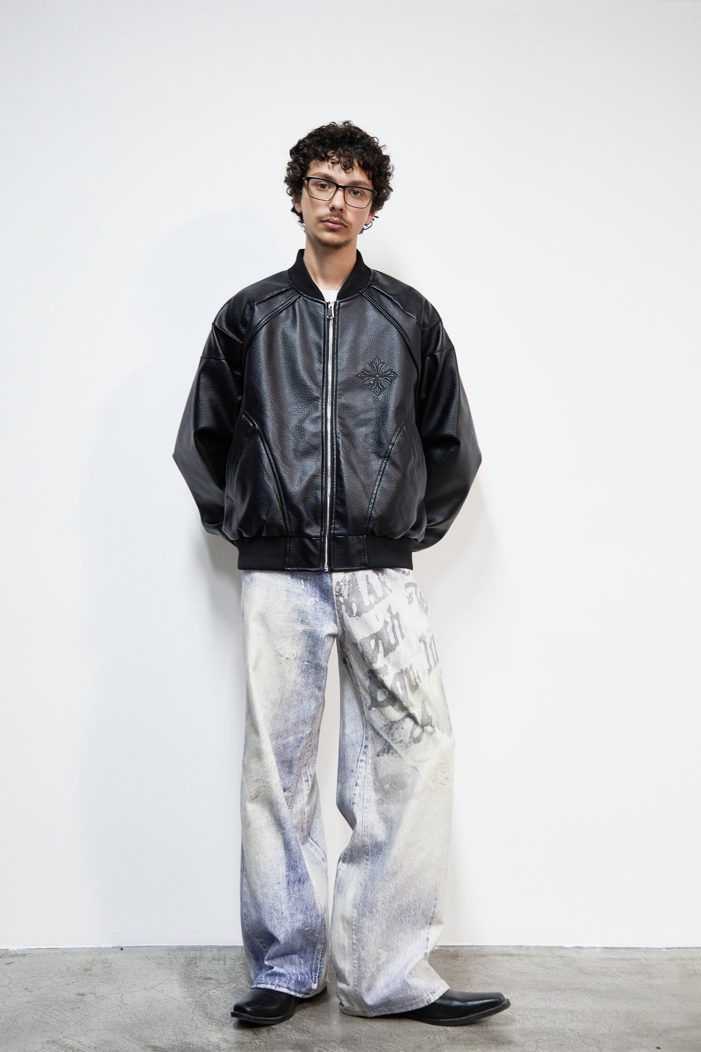 PU Leather Embroidery Baseball Collar Oversize Jacket WN22922