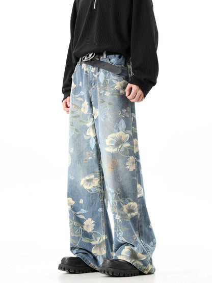 Flower Print Wide-Leg Straight Denim Jeans WN10501