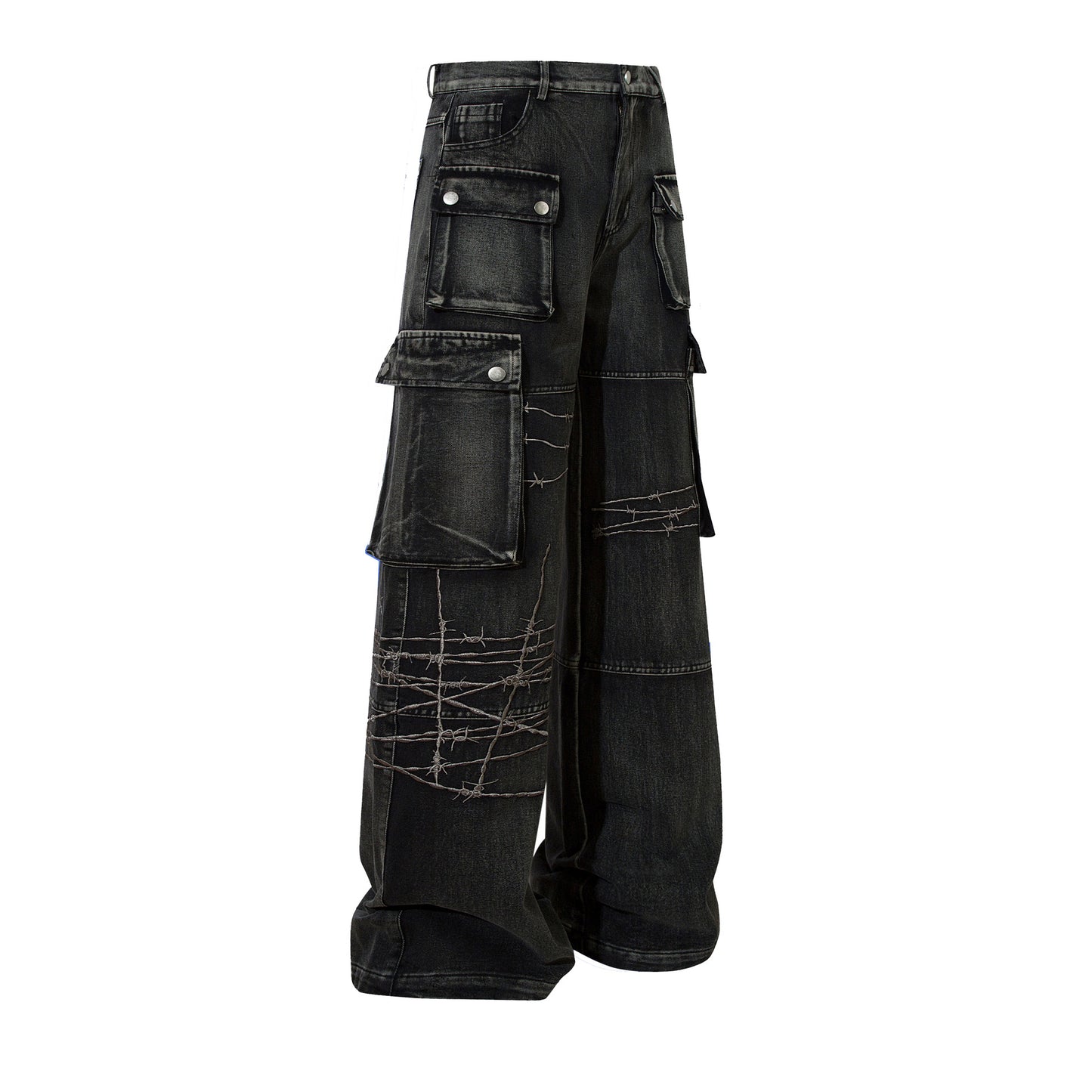 Cargo Pocket Embroidery Wide Leg Denim Jeans WN25718