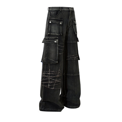 Cargo Pocket Embroidery Wide Leg Denim Jeans WN25718