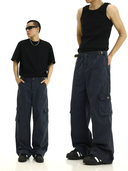 Washed Multiple Pocket Wide Leg Straight Cargo Pants WN8269