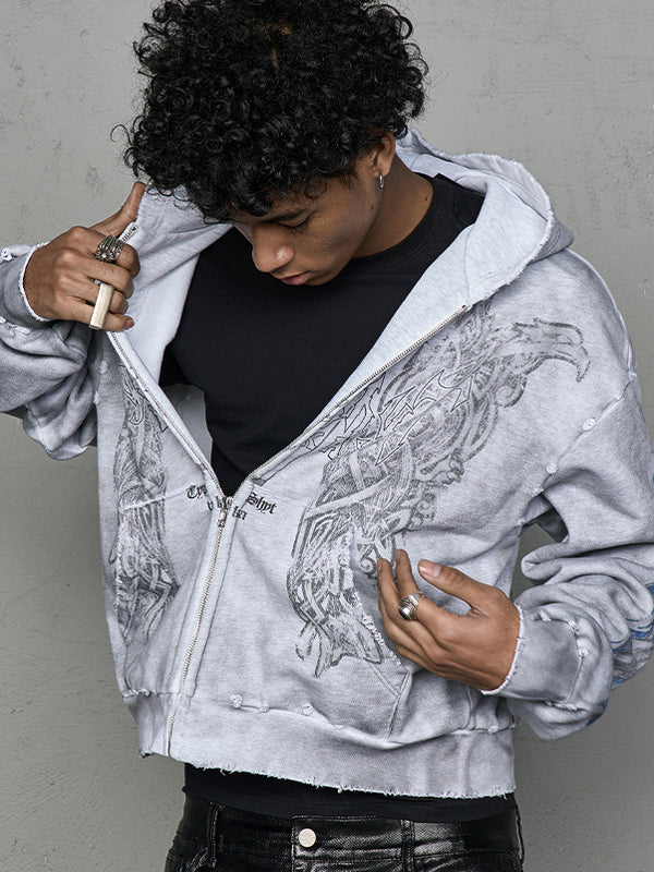 Washed Damage Art Print Zipper Hoodie WN20975