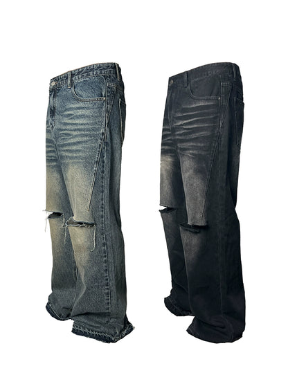 Water Wash Damage Wide Leg Denim Jeans WN8530