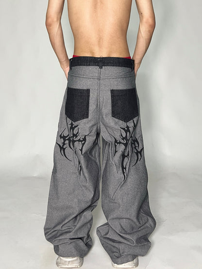Thorn Spliced Design Wide Leg Straight Denim Jeans WN24092
