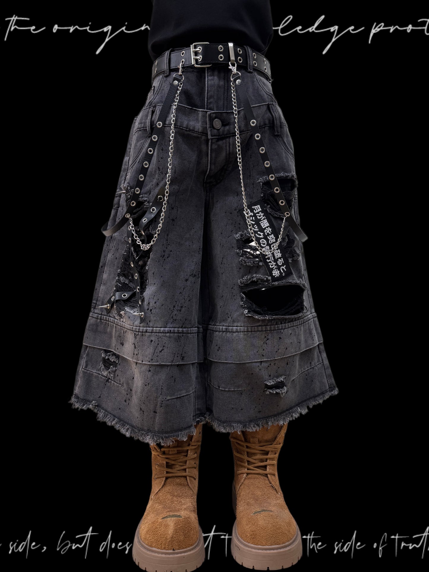 Damage Cutout Raw Hem Wide Leg Denim Jeans & Skull Belt & Cross Belt & Belt Chain WN23828