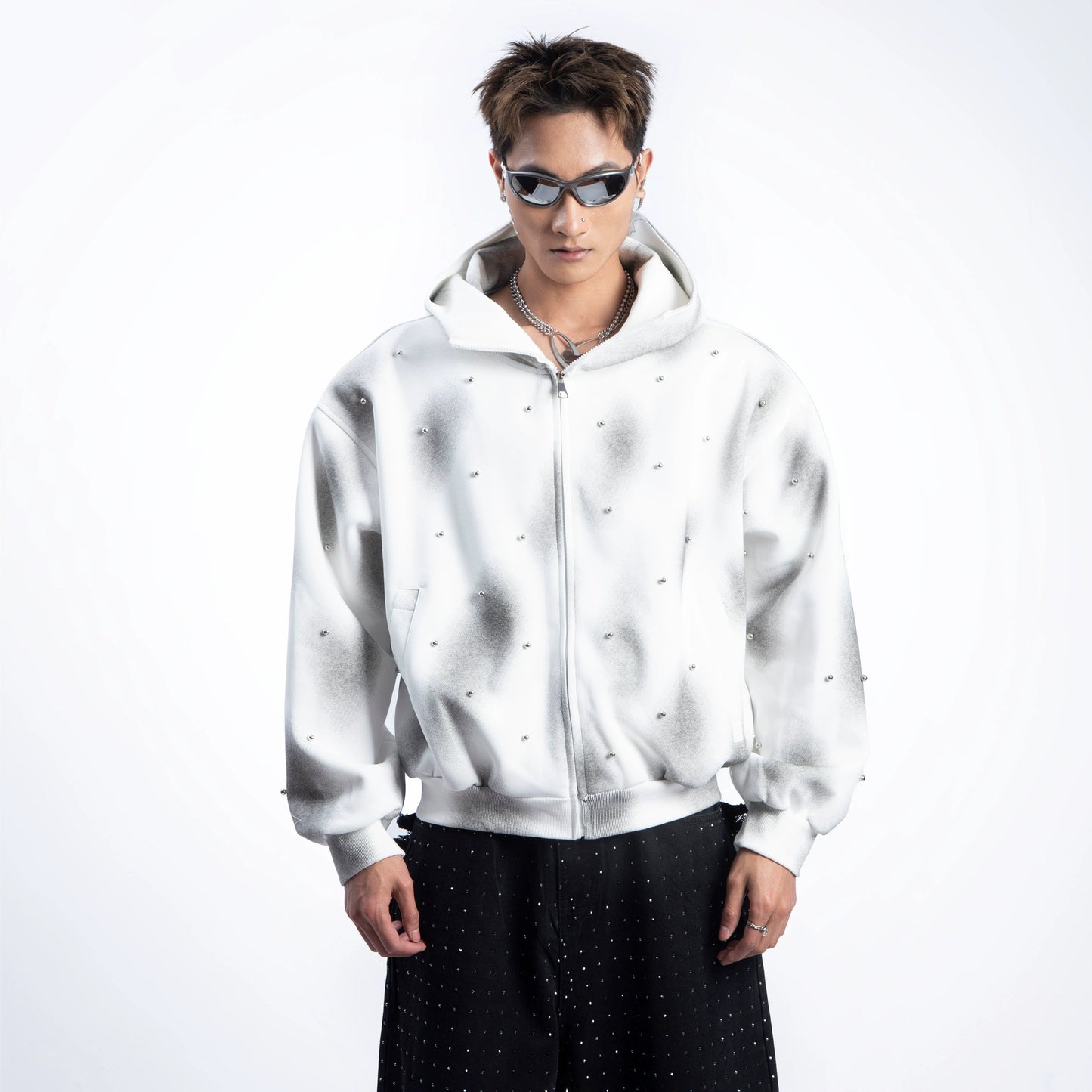 Washed Paint Print Zipper Hoodie WN20624