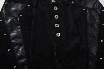 Studs PU Leather Panel Wide Leg Denim Jeans WN25799