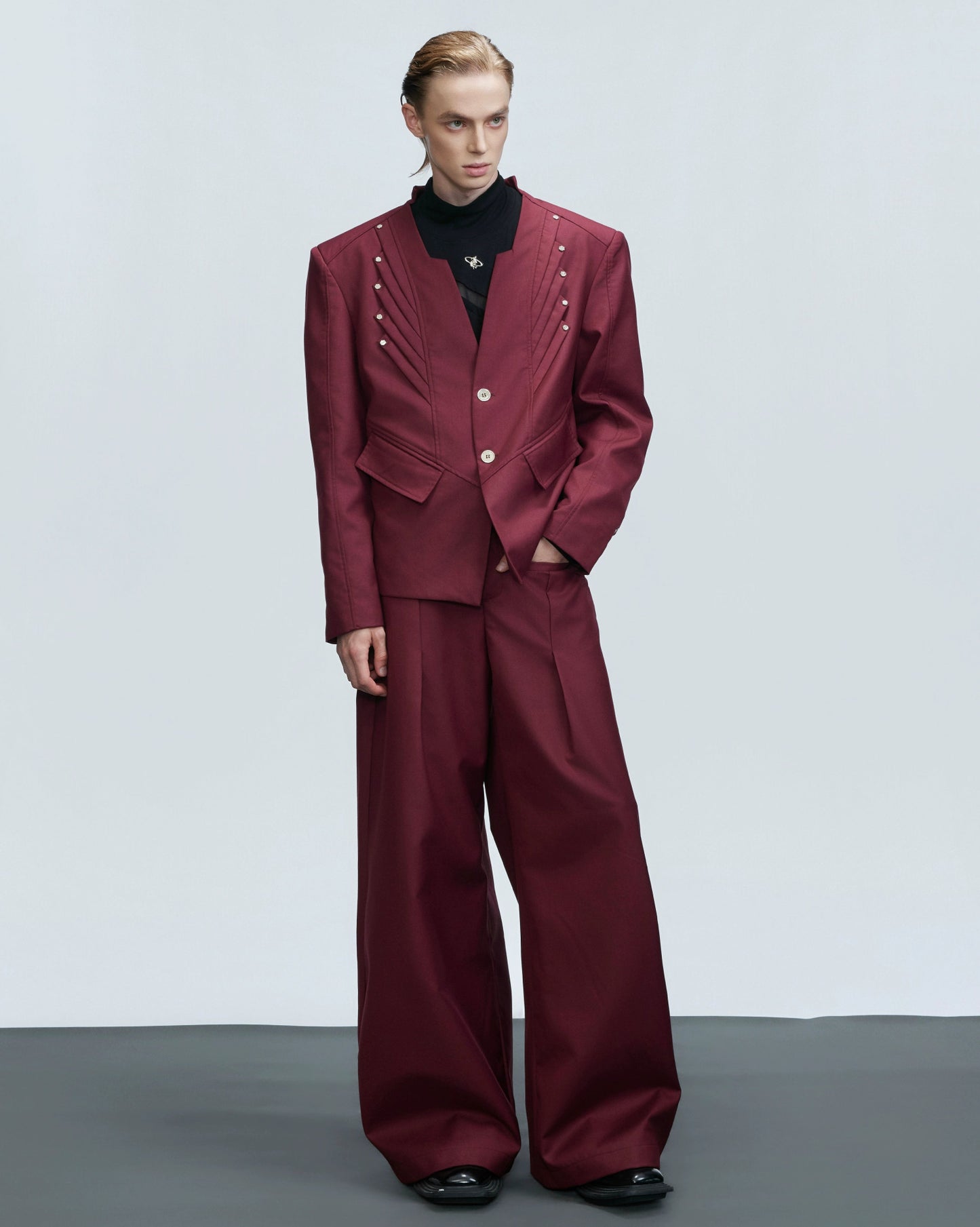 Deconstructed V-Neck Wool Blend Tailored Jacket & Trousers Setup WN21753