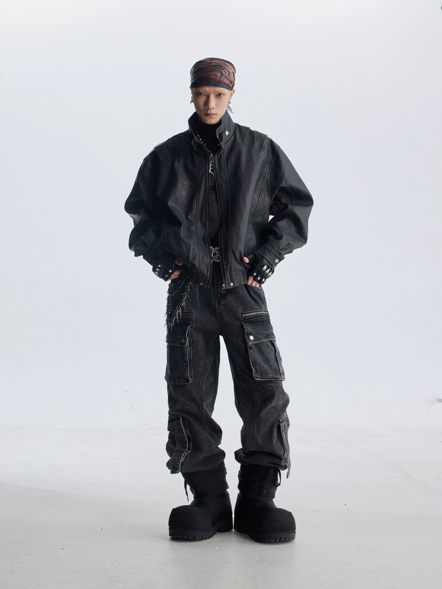 Deconstruction Patchwork Standing-Collar Belt Oversize PU Leather Jacket WN20813