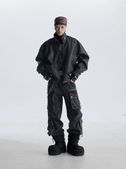 Deconstruction Patchwork Standing-Collar Belt Oversize PU Leather Jacket WN20813