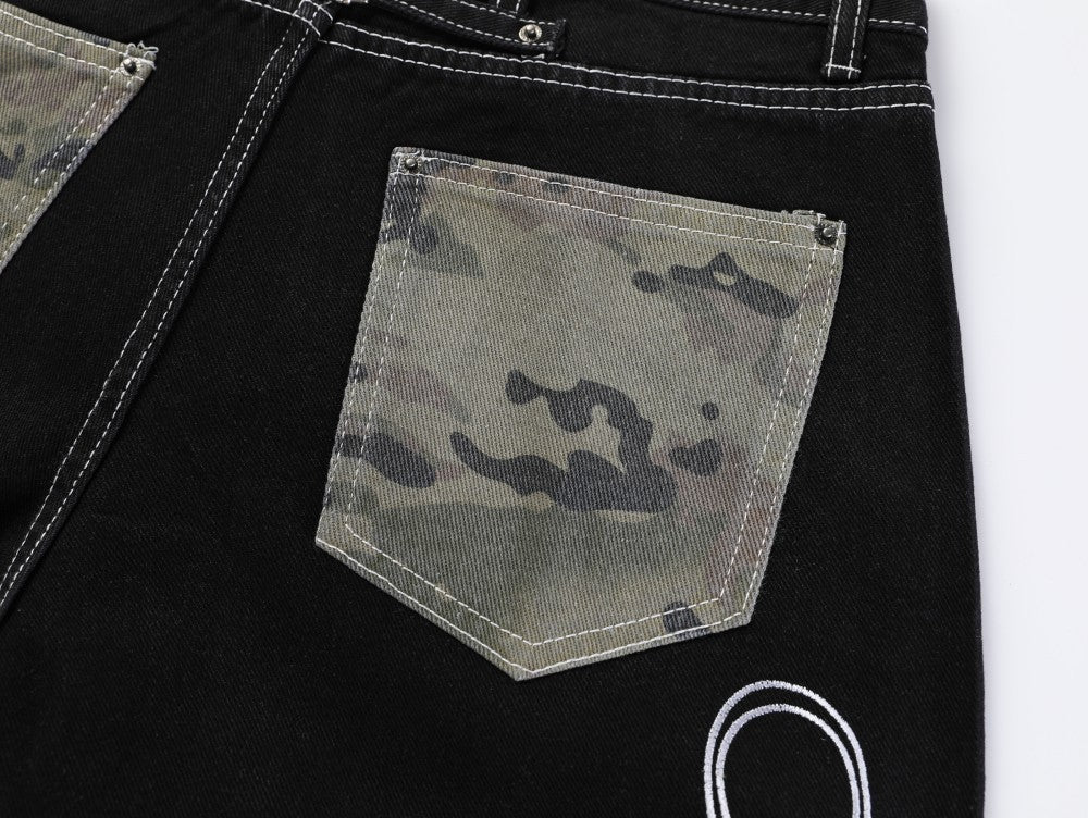 Camouflage Patchwork Letter Embroidery Rhinestone Wide Leg Denim Jeans WN27887