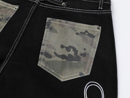 Camouflage Patchwork Letter Embroidery Rhinestone Wide Leg Denim Jeans WN27887