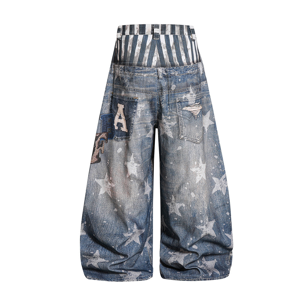 Star Print Fake Layered Curved Wide Leg Denim Jeans WN25728