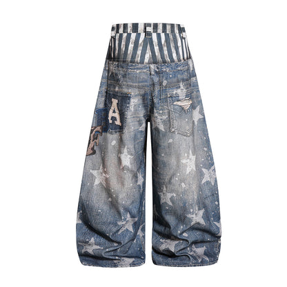 Star Print Fake Layered Curved Wide Leg Denim Jeans WN25728