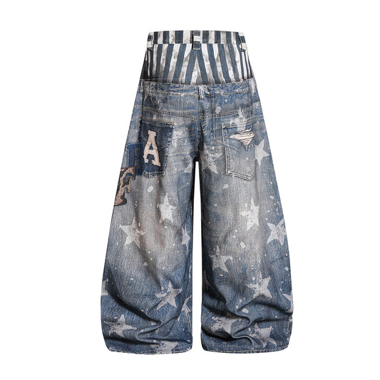 Star Print Fake Layered Curved Wide Leg Denim Jeans WN25728