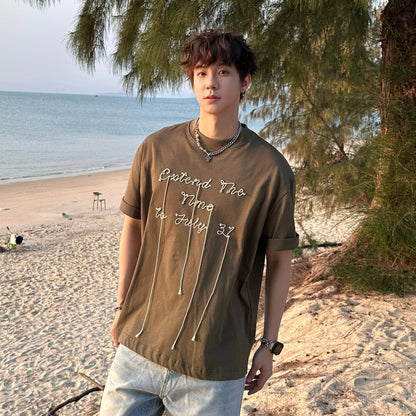 Letter Embroidery Drawstring Short Sleeve T-Shirt WN25161