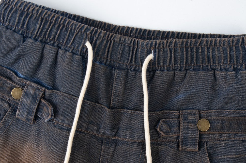 Damage Cargo Pocket Drawstring Wide Leg Denim Jeans WN27995