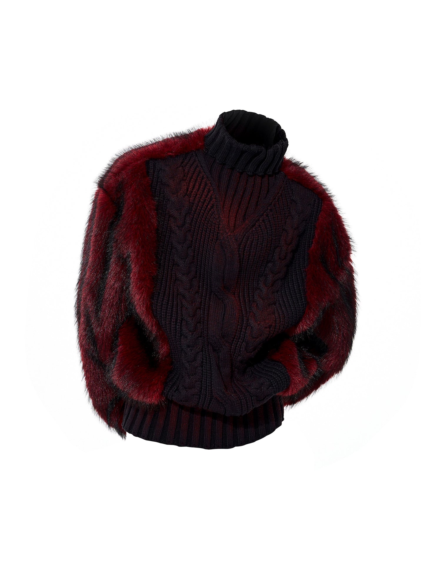 Fake Fur Splice High-Neck Thick Knit Sweater WN22657