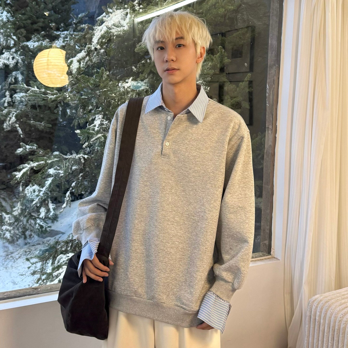Fake Layered Striped Shirt-Collar Fleece Lining Oversize Long Sleeve T-Shirt WN25251