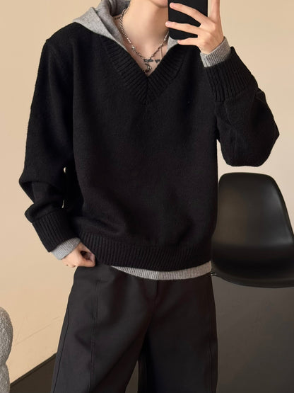 Fake Layered V-Neck Drop Shoulder Hooded Oversize Knit Sweater WN23186