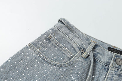 Fringe Rhinestone Wide Leg Half Denim Pants WN25612