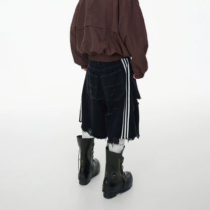 Washed Damage Fringe Wide Leg Three-Stripe Half Denim Jeans WN16960