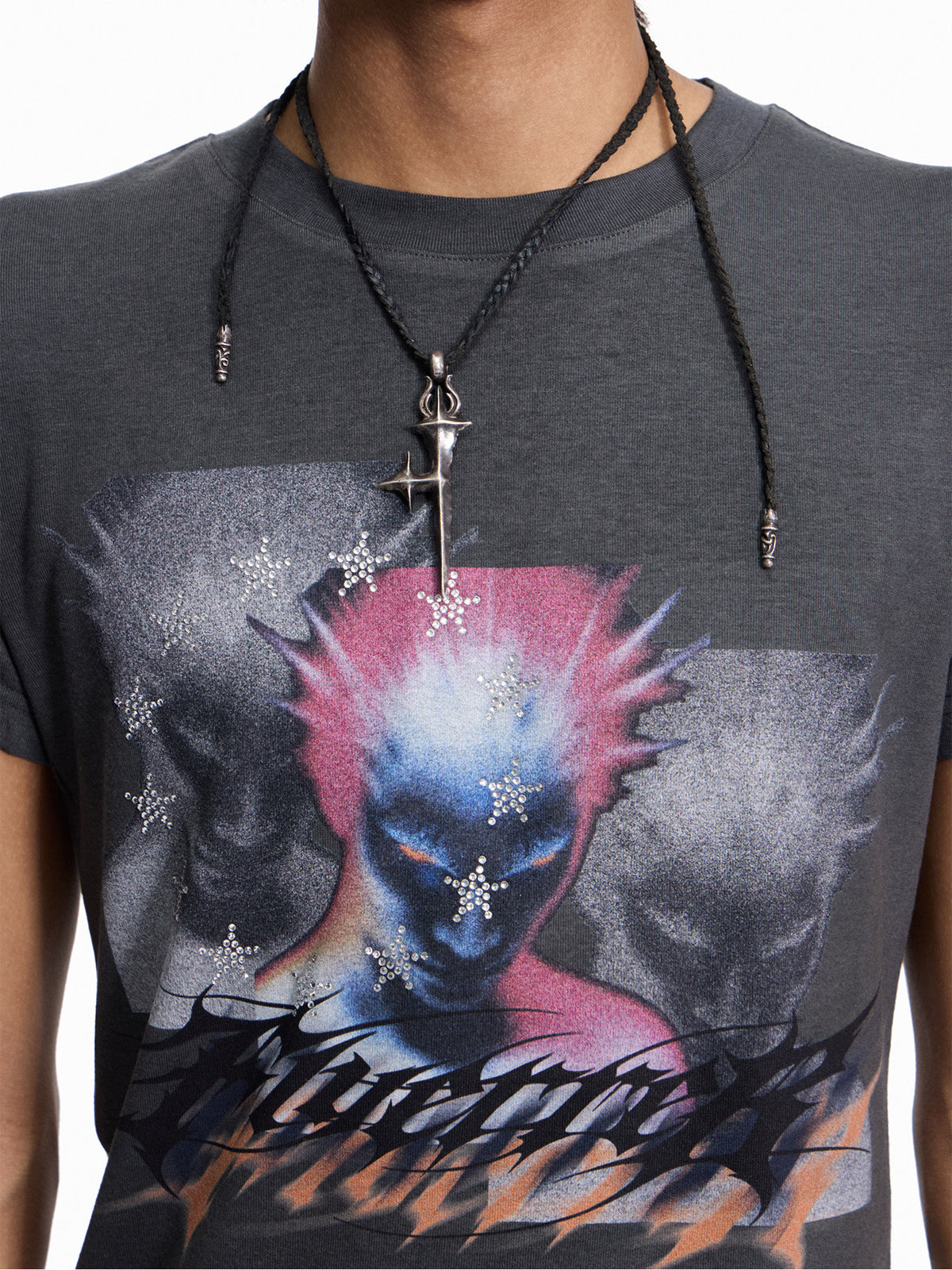 Multi-Portrait Print Washed Cropped Short Sleeve T-Shirt WN27431