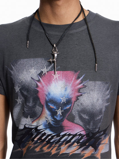 Multi-Portrait Print Washed Cropped Short Sleeve T-Shirt WN27431