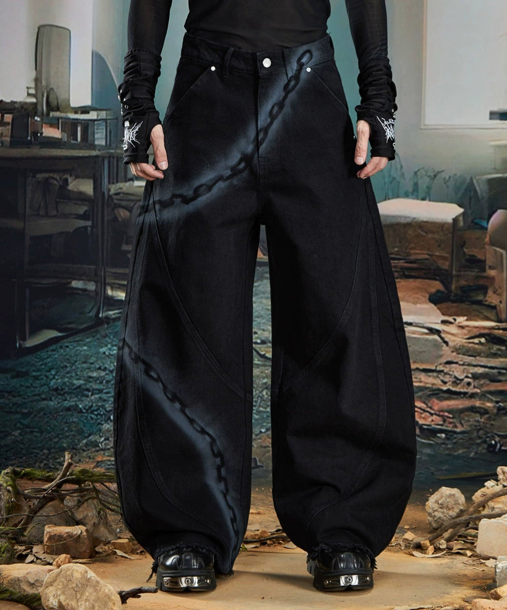 Spray Paint Graffiti Chain Washed Wide Leg Denim Jeans WN20574