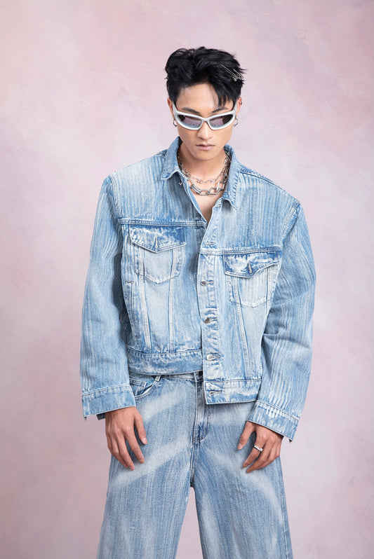 Washed Denim Jacket & Wide-Leg Straight Denim Jeans Setup WN9249