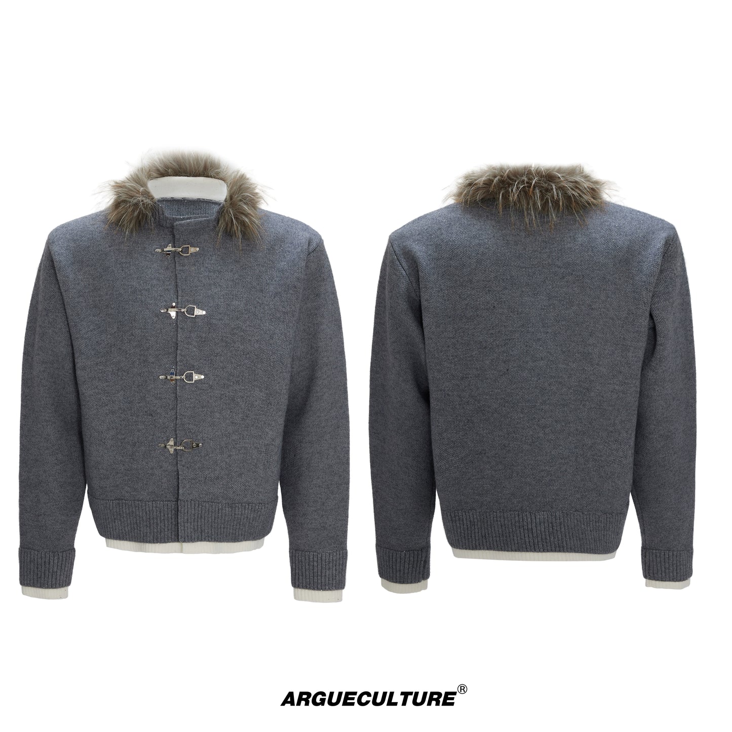 Sequin Fake Fur Collar Metal Buckle Knit Cardigan WN22592