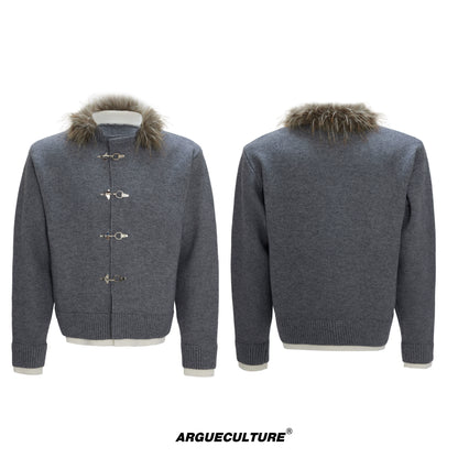 Sequin Fake Fur Collar Metal Buckle Knit Cardigan WN22592