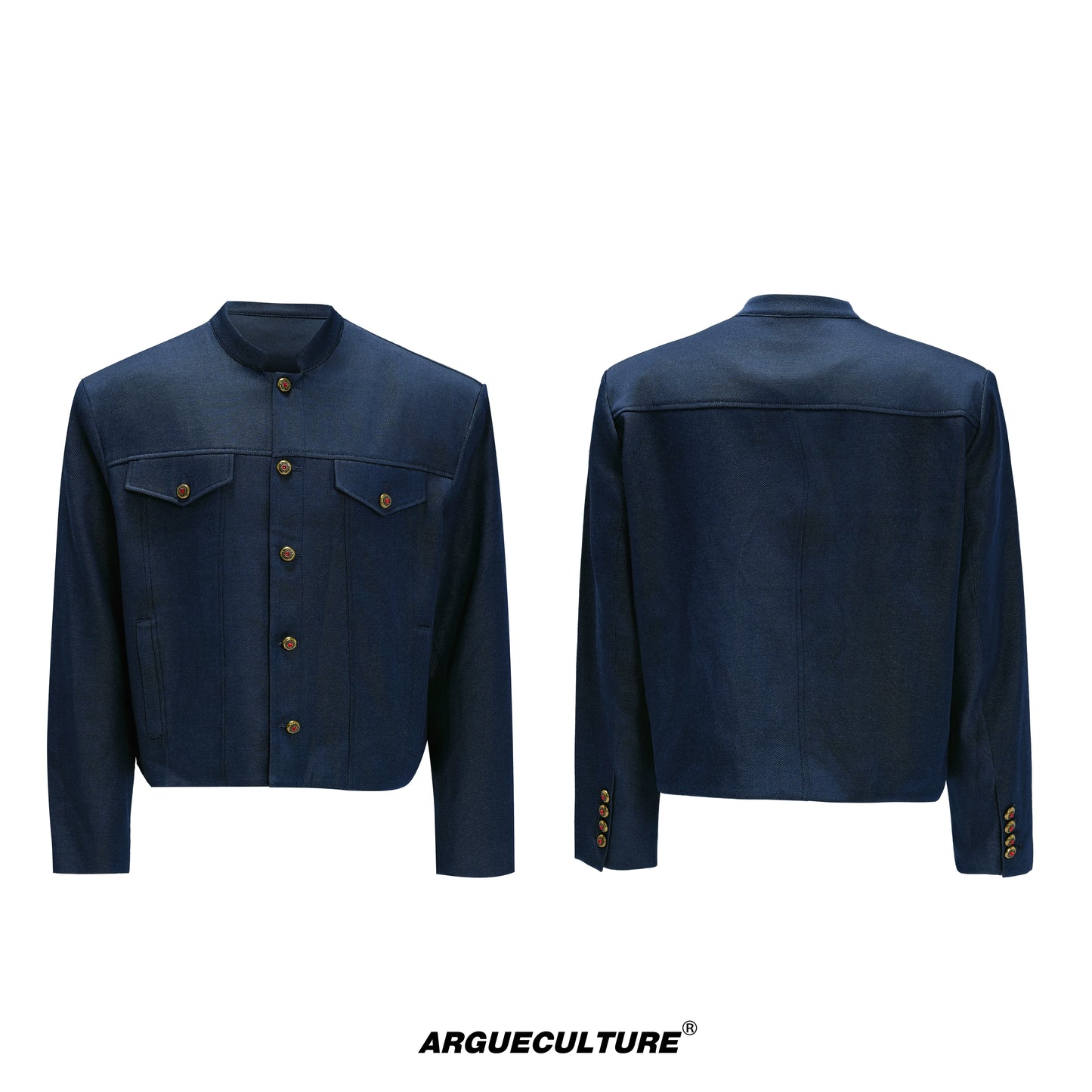 Fur Collar Gem Button Standing-Collar Short Jacket & Trousers Setup WN21733