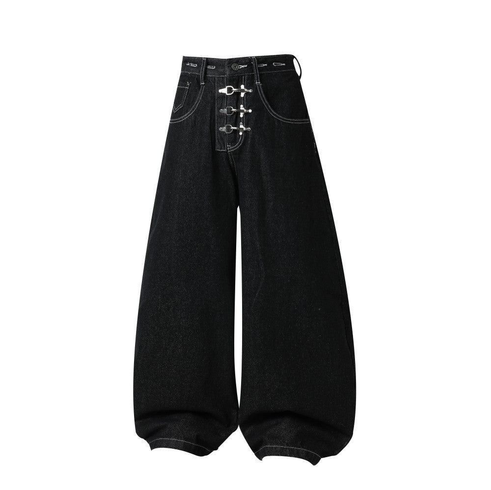 Detachable Suspender Buckle High Waist Wide Leg Denim Jeans WN28001