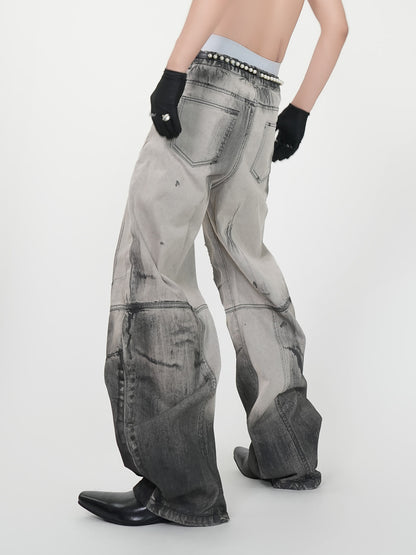 With Tide Belt Heavy Damage Wash Curved Wide Leg Denim Jeans WN24144