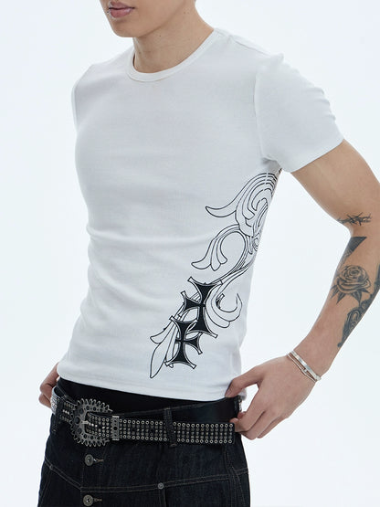 Cross Print Stretch Slim Ribbed Short Sleeve T-Shirt WN17072