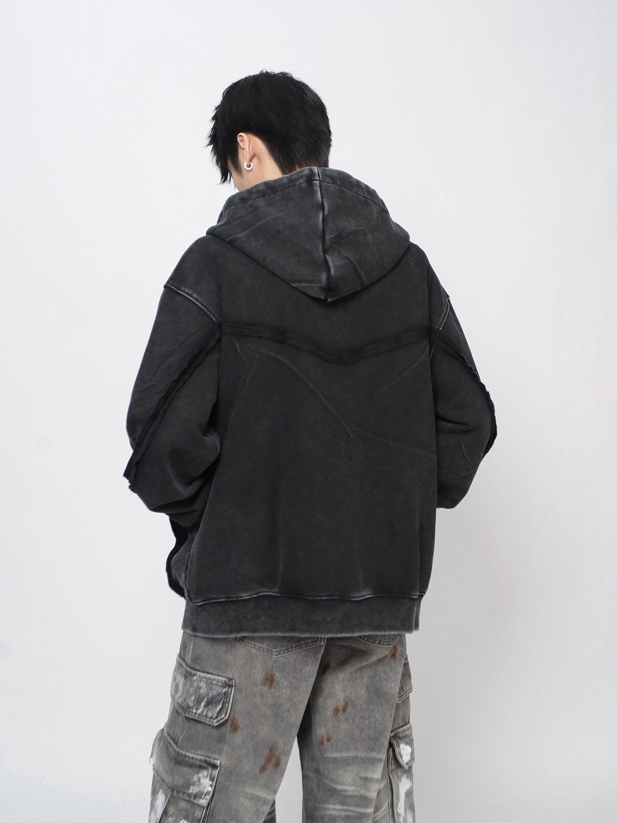 Oversize Diagonal Zip Patchwork Washed Hoodie WN24441