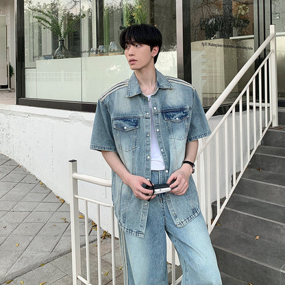 Washed Denim Short Sleeve Shirt Jacket & Wide Leg Denim Jeans Setup WN24955