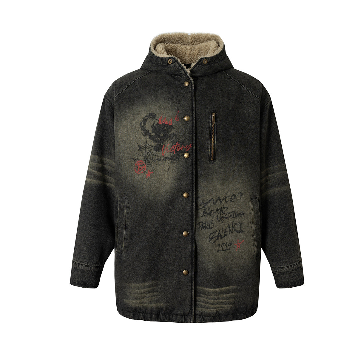 Graffiti Print Washed Denim Fleece Lining Jacket WN21901