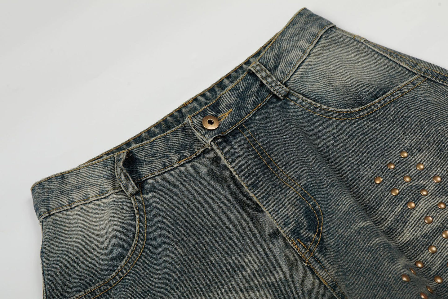Washed Whisker Cross Studs Wide Leg Denim Jeans WN25798