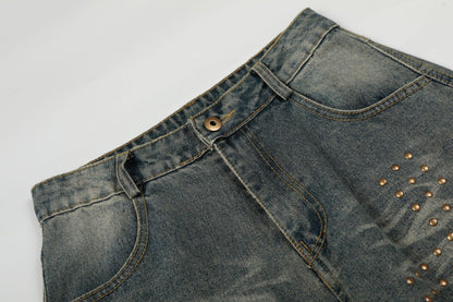 Washed Whisker Cross Studs Wide Leg Denim Jeans WN25798