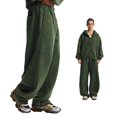 Fleece Lining Zip-Up Wax Dye Zipper Hoodie & Wide Leg Pants Sweatpants WN23112