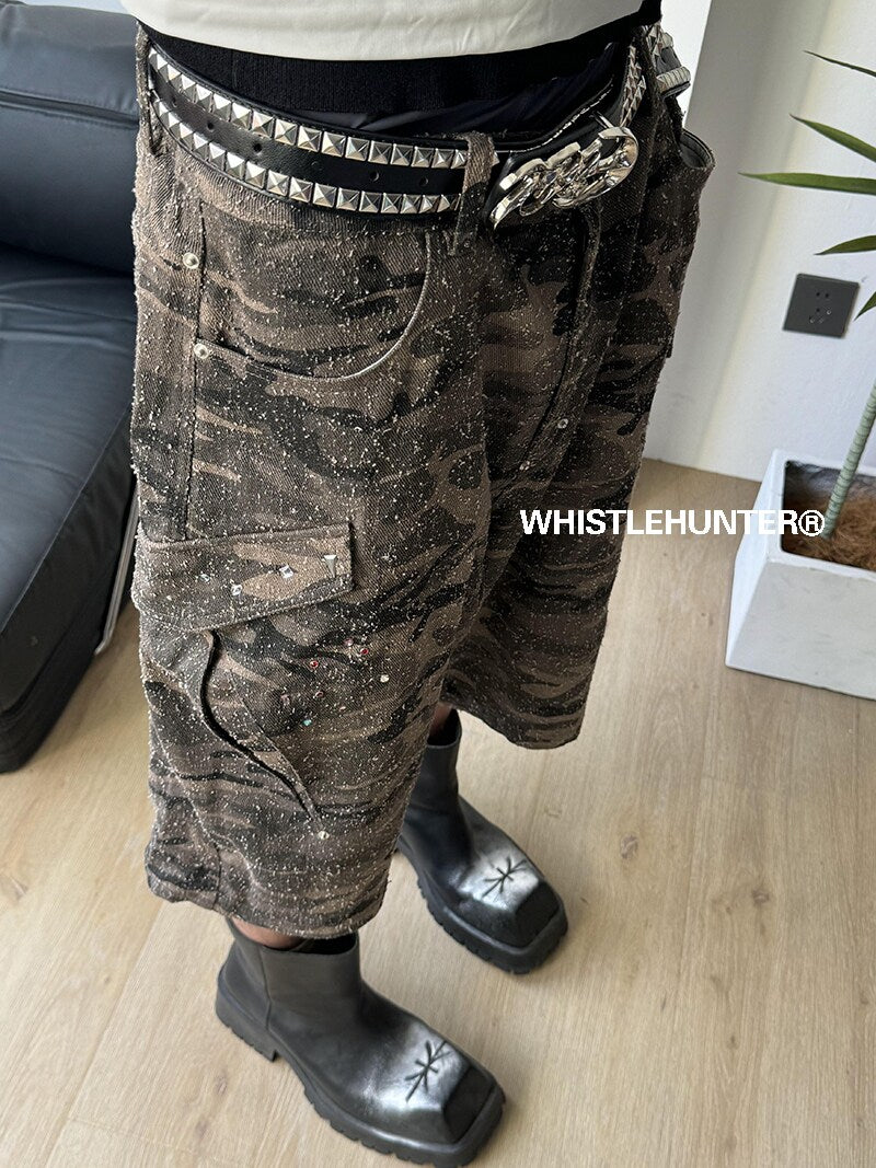 Damage Reconstructed Fabric Camouflage Half Pants WN26715