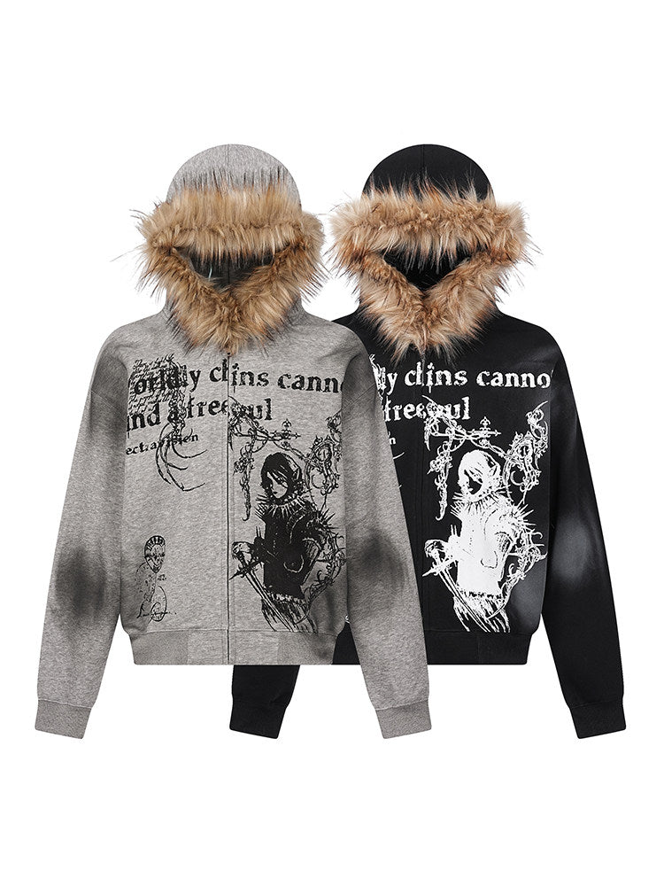 Fake Fur Collar Graphic Print Oversize Zipper Hoodie WN24193