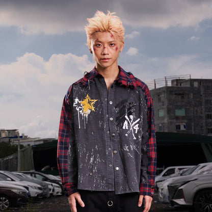 Plaid Patchwork Star Graffiti Oversize Long Sleeve Shirt WN27094