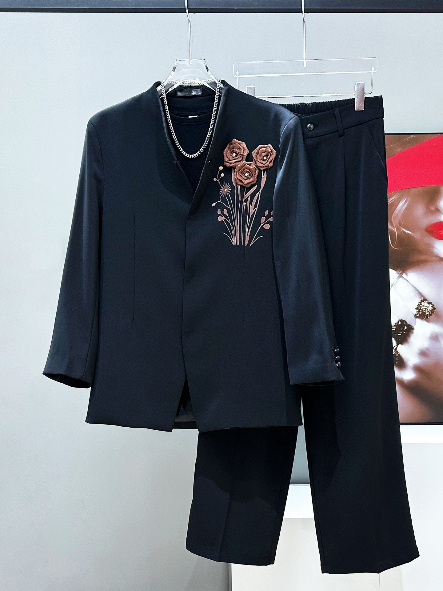 3D Rose Embroidery Tailored Jacket & Wide Leg Trousers Setup WN23875