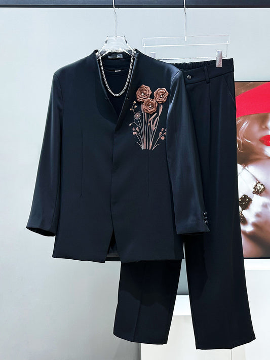 3D Rose Embroidery Tailored Jacket & Wide Leg Trousers Setup WN23875