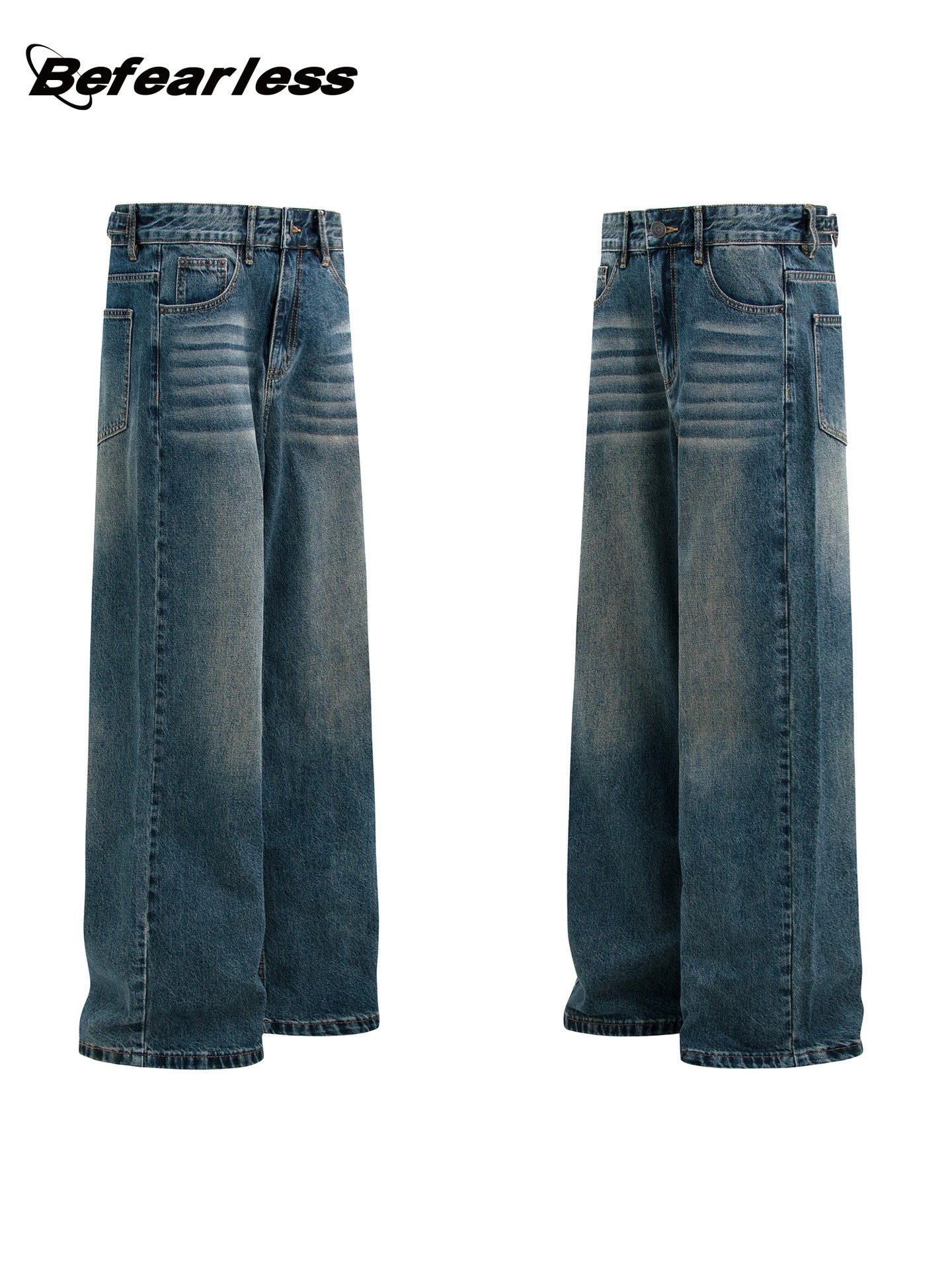 Washed Whisker Adjustable Waist Straight Denim Jeans WN26284