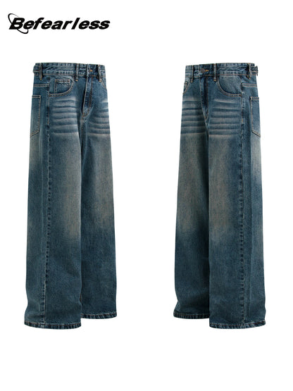 Washed Whisker Adjustable Waist Straight Denim Jeans WN26284