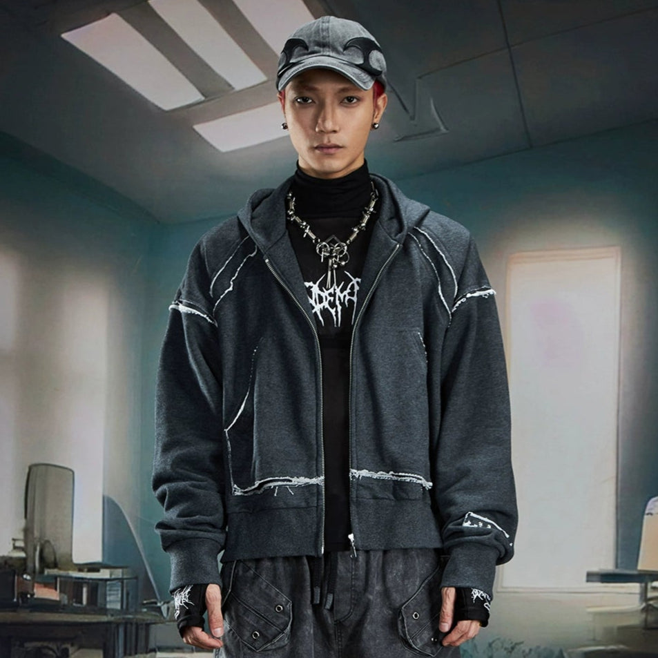 Fringe Deconstructed Patchwork Short Zipper Hoodie WN20583